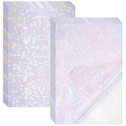 Belerry 10 Sheets Transparent Holographic Overlay Lamination Vinyl A4 Size Self-Adhesive Holographic Laminate Film Waterproof Vinyl Sticker Paper for Decoration, 2 Type, 8.25 x 11.7 Inches Cover