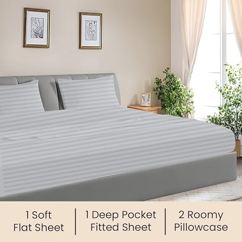 Image of SGI 80 inchx98 inch 4 Pc Texas King Sheet Set 600 TC 18 inch Deep, Light Gray Stripe