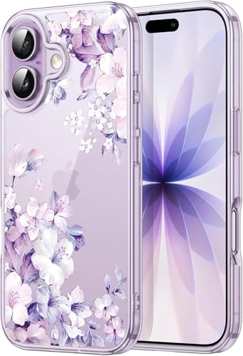 Image of Elzzi Clear Transparent Flower Cover for iPhone 17 Case Shockproof Floral Design Full Camera Protection Shockproof PC+TPU Transparent Cover for Girls & Women (Purple)