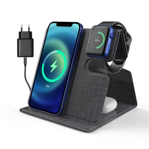 Snader Induktive Ladestation, 3 in 1 Kabelloses Ladegerät, Wireless Charger Qi-zertifizierten Geräten z.B. Kompatibel mit Apple iWatch iPhone AirPods Huawei Samsung usw Cover