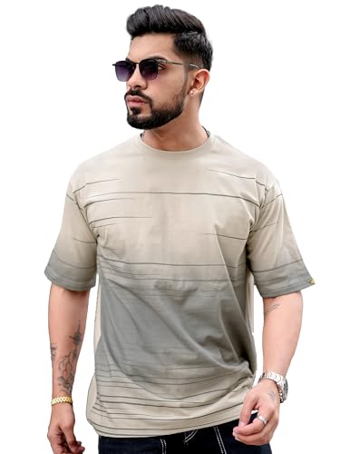 Image of Maniac Men Spray Print Round Neck 3 /4th Sleeve Beige and Grey Cotton Oversized T-Shirt