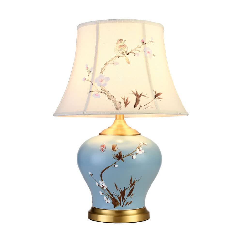 asdchZen Chinese Hand -Painted Flower And Bird Ceramic Table Lamp Bedside Desk Decor Lamps Full Copper Bedroom Bedside Nightstand Lamp For Living Room Lighting