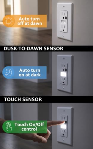 Image of SOZULAMP 10-Pack Night Light Wall Outlet, Touch & Dusk-to-Dawn Sensors | White 15A 125V Tamper-Resistant Receptacle; Guide Light for Kids and Seniors; Ideal for Hallways,Nurseries,Stairs,Bathrooms