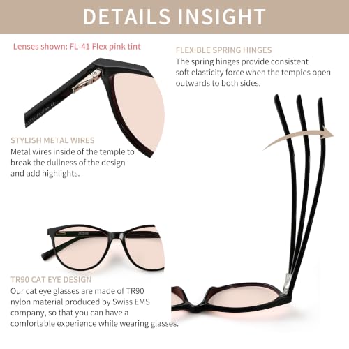 Image of Indoor FL-Flex Fluorescent-41 Light Pink Tinted Blue Light Blocking Glasses Cat Eye Migraine Light Sensitivity Photophobia Fluorescent LED Glare Women AB3311-Black Frame 25% Light Rose Lens