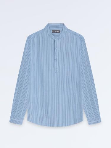 Image of StitchX Men's Seersucker Band Collar Pure Cotton Striped Kurta Shirt-S-2XL
