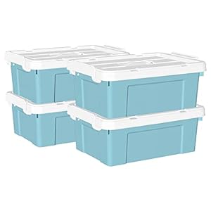 Cetomo 15L*4 Plastic Storage box, Tote box,Organizing Container with Durable Lid and Secure Latching Buckles, Stackable and Nestable, 4Pack, Blue with Buckle