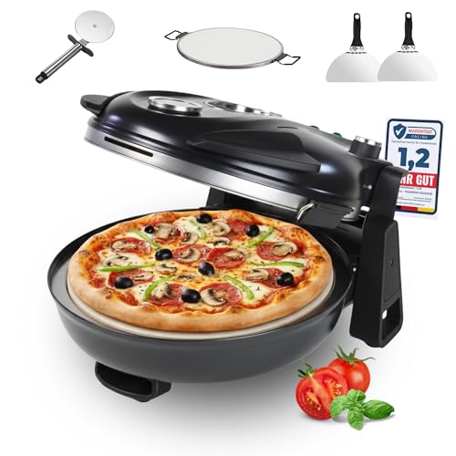 PizzaProfi 400°C Elektrischer Pizzaofen mit Pizzastein – Knusprige Pizza wie beim Italiener – Ober-/Unterhitze, 5 Temperaturstufen, Temperaturanzeige inkl. Pizzaschieber, Pfanneneinsatz