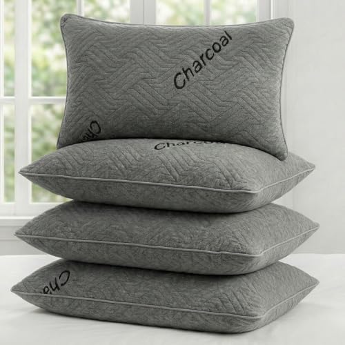 Image of AYKA Premium Charcoal Pillow for Sleeping, Set of 4 | 17x27 Inch Hotel Luxury Bed Pillows | 100% Virgin Microfiber Fill, Soft & Fluffy | Neck Support for Side, Back & Stomach Sleepers | Grey