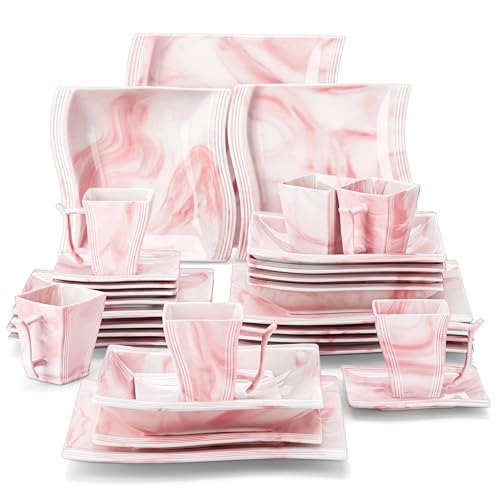 Image of MALACASA Dinnerware Sets, 30-Piece Pink Plates and Bowls Sets for 6, Porcelain Dinnerware Set with Plates and Bowls, Cups and Sacuers, Square Dish Set, Modern Dining Ware Set, Series Flora