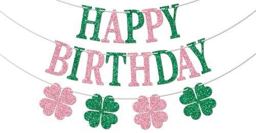 St. Patricks Day Happy Birthday Banner Shamrock Clover Themed Birthday Party Decorations Lucky One Decor St. Patricks Day Baby Shower Decorations Pink & Green Glitter
