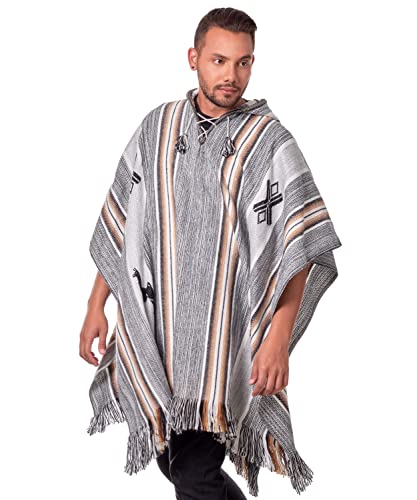 Alpaca Hooded Poncho for Men - Hippie Cloak Cape with hood - Mens Traditional Serape knitted with alpaca wool (White)