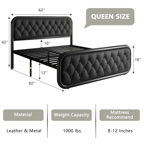 Feonase Full Size Bed Frame, Heavy Duty Bed Frame with Faux Leather Headboard, Upholstered Platform Bed with Strong Metal Slats, 12" Under-Bed Storage, Noise-Free, Easy Assembly, Black