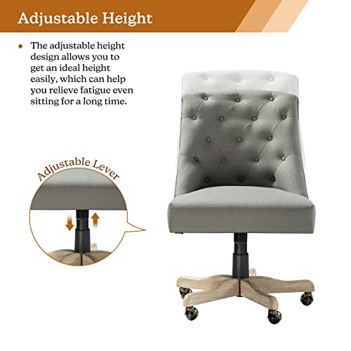 Modern Tufted Armless Home Office Chair, Comfy Upholstered Desk Chair With Mid-Back, Height Adjustable Swivel Computer Task Chair (Vintage Wood Base, Grey) #TOP3