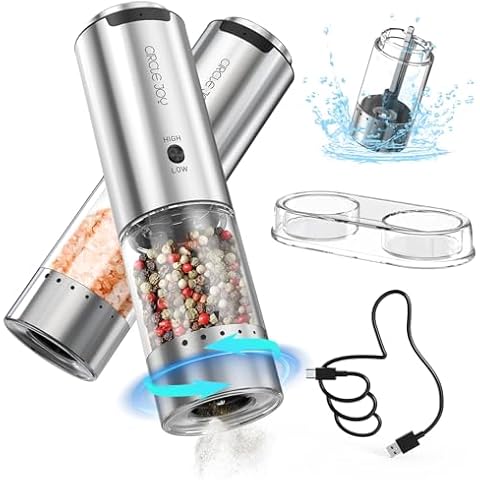 CIRCLE JOY Electric Salt and Pepper Grinder Set Stainless Steel Rechargeable Salt and Pepper Grinder Set, Variable Grinding Speed, External Adjustable Coarseness, Storage Base, Whiet LED Light, Silver Cover