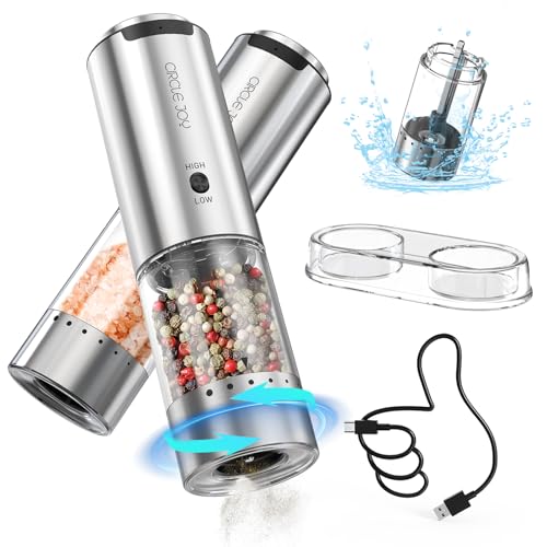 CIRCLE JOY Electric Salt and Pepper Grinder Set Stainless Steel Rechargeable Salt and Pepper Grinder Set, Variable Grinding Speed, External Adjustable Coarseness, Storage Base, Whiet LED Light, Silver