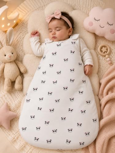 Image of TuddyBuddy Baby Cotton Wearable Quilted Sleeping Bag Blanket 1.5 Tog with 1 Way Zipper Closure | Ideal for Babies & Kids Hypoallergenic Fabrics | (Panda with Hair Bow - Off White, 12-18 Months)