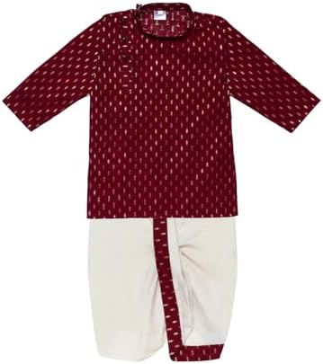 superminis Boy's Cotton Kurta with Dhoti - Golden Thread Work, Solid Round Collar, Full Sleeves, Side Button Kurta Set for Ethnic Wear