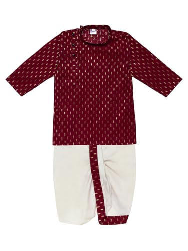 Image of superminis Boy's Cotton Kurta with Dhoti - Golden Thread Work, Solid Round Collar, Full Sleeves, Side Button Kurta Set for Ethnic Wear