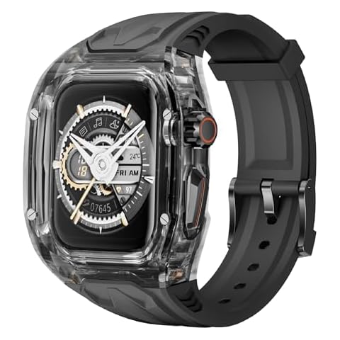 VeveXiao Rugged Case with Band Compatible with Apple Watch bands 44mm 45mm, Crystal Clear Protective Cover Case with Silicone Strap Shockproof Bumper for iWatch Series 9 8 7 6 5 4 SE Mens Womens Strap Cover