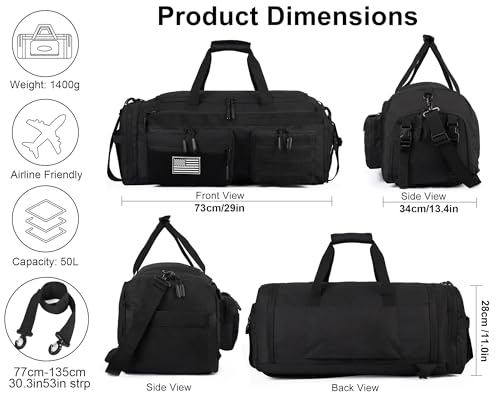 LHI 50L Tactical Duffle Bag for Men, 3-in-1 Gym Duffle and Backpack, Shoe Compartment, Laptop Sleeve and MOLLE, Carry-On Travel Weekender and Overnight Bag – Black - Image 3