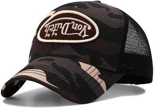 Von Dutch Monogram Trucker Cap - Retro Snapback Cap for Men and Women - Adjustable Snap Fit Panel, Mesh Rear, Curved Bill, Size One Size, Brown (Edge Camo)