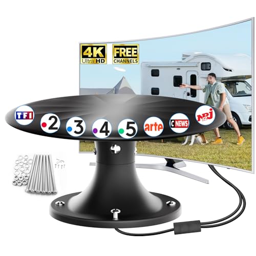 Antenne TV Camping-Car Amplifiée – Réception Longue Portée 360°, TNT HD 4K DVB-T/T2, Antenne TV Extérieure pour Camping-Car et Caravane, Résistante aux...
