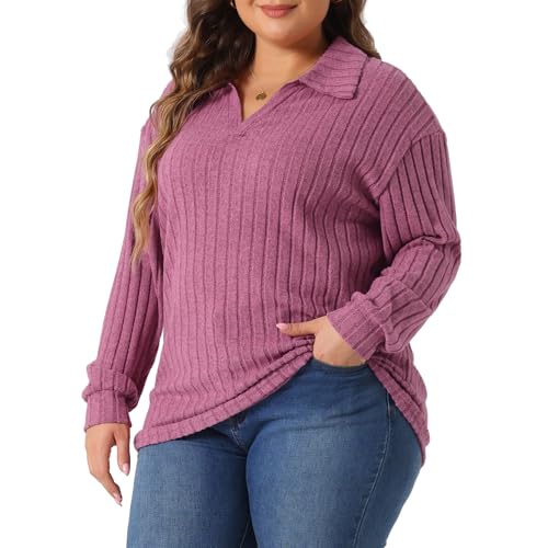Image of Agnes Orinda Women's Plus Size Loose Polo V Neck Long Sleeve T Shirts Tops Collared Ribbed Brushed Top Sweater Casual