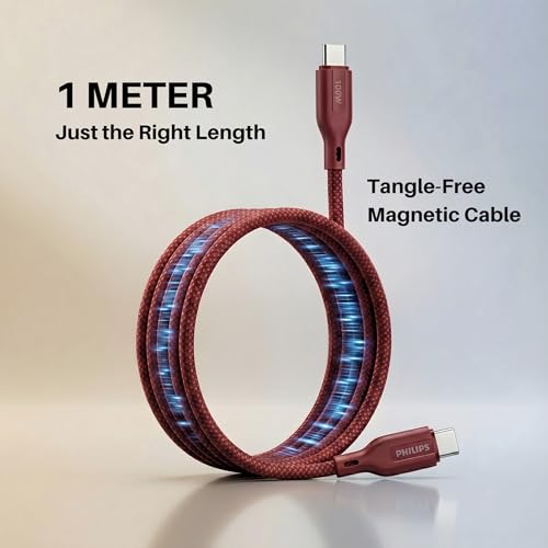 Image of PHILIPS DLC7130CI /94 100W Magnetic Type-C to Type-C Fast Charging Cable (1m, Iron Red) | Nylon Braided | Compatible with iPhone 15+ Series, USB-C iPad Models, Samsung Galaxy & All Type C Devices