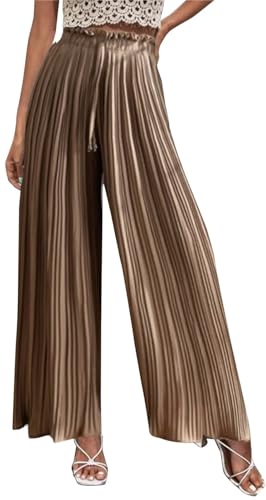 Women's Elegant Ruffle Pleated Chiffon Pants Wide Leg Loose Fit High Waist Flared Drawstring Trousers