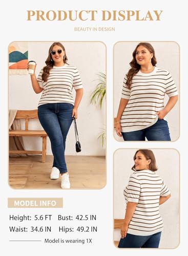Eytino Women Plus Size Sweater Tops Short Sleeve Crewneck Striped Tshirts Casual Summer Blouses Shirts(1X-5X)3