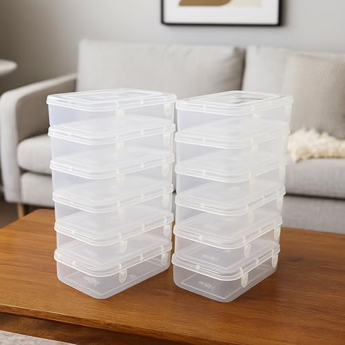 Image of Plastic Small Storage Boxes with Lock Lids | Jewellery & Beads Organizer Case | 230 ml Capacity | 11x7x3 cm Clear Containers | Set of 12