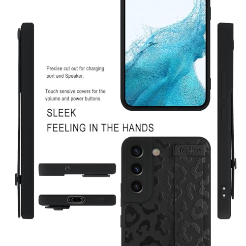 Image of Compatible with Samsung Galaxy S22 Case with Strap Wrist Black | Cheetah Print Shockproof Soft TPU Protective Cover for Women Girls, Slim Anti Scratch Case 6.1 Inch, Black