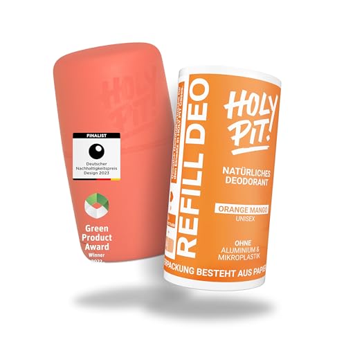Holy PIT – Desodorante en barra [100% sin aluminio] | Desodorante recargable conocido por la televisión | Desodorante unisex para hombre y mujer | Vegano | (Startpack, naranja mango)