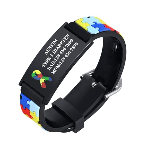 XUANPAI Personalized Autism Awareness Bracelet, Medical Alert ID Bracelet Custom Engraved Autism Child Safety ID Bracelets Anti-Lost Adjustable Silicone Wristband for Teen Boys Girls Men Women