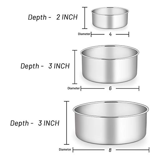 E-Far Cake Pan Set Of 3 (4’’/6’’/8), Deep Stainless Steel Round Cake Pans Tins For Baking Small Layer Wedding Birthday Cake, Non-Toxic & Dishwasher Safe, Mirror Finish & Straight Side #TOP1