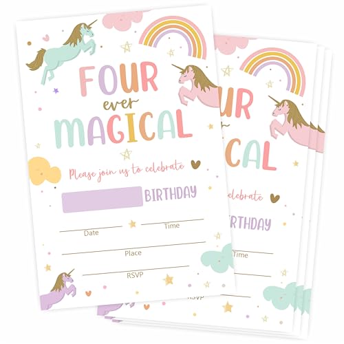 Grehos Set Of 20 Magical Unicorn Birthday Invitation Cards - Four Ever Magical Rainbow Unicorn Invites With Envelopes - Double Side Fill In Style Party Celebration Favor & Supplies - A09