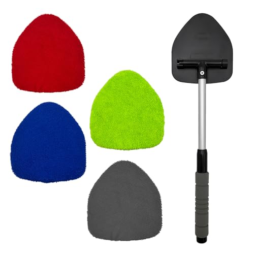 Suvnie Car Windshield Cleaning Tool, Auto Window Cleaner with 4 Reusable & Washable Microfiber Pads and Extendable Handle, Vehicle Interior Exterior Glass Wiper Kit Car Accessories