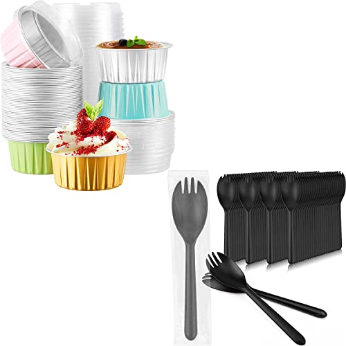 Eusoar Cupcake Liners & Forks And Spoons, 50Pcs 5Oz Aluminum Foil Disposable Baking Cups, 100Pcs 5.5"X1.2" Heavyweight Plastic Dessert Forks And Spoons, For Party Serving Favor Family Gathering #TOP23
