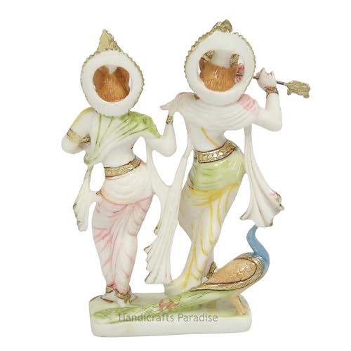 Image of Handicrafts Paradise Culture Marble Radha Krishna with Peacock Hand Painted Statue - 6.75inch
