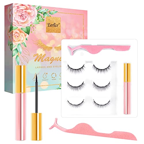 EARLLER Magnetic Eyelashes Kit Eyeliner, Nature Look False Lash with Applicator, 3D & 5D Reusable Short and Long Magnetic Lashes - No Glue need and Easy to Apply