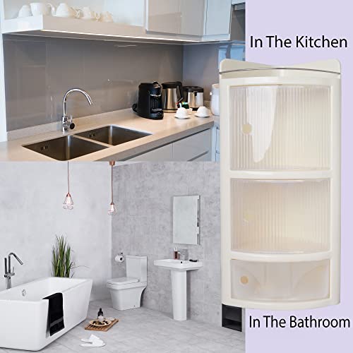 Image of GRACIO Jumbo Delux 3 Tier Bathroom Corner Shelf, Wall Mounted Storage Shelf with 3 Translucent Doors, Premium Plastic Cabinet for Kitchen, Bathroom, Living Room, Office, Stylish Corner (Ivory)