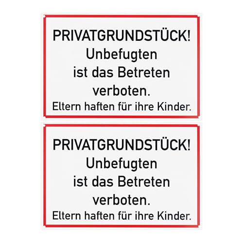Hinweisschild PRIVATGRUNDSTÜCK! Betreten verboten!, 2 Stück, 30 x 20 cm, 1 mm starkes PVC Schild mit Bohrlöchern, Schilder Grundstück betreten untersagt, Achtung Unbefugte verboten Warnhinweis