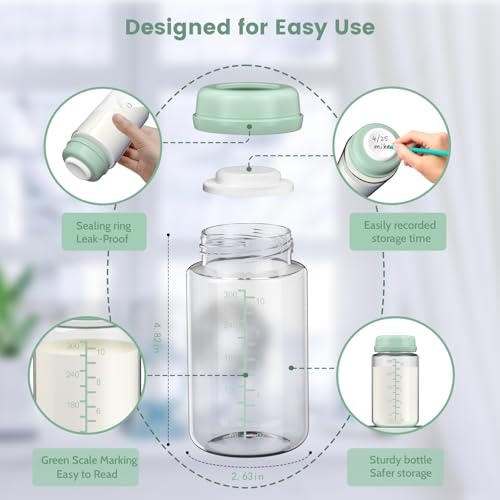 IVARONAL 4 Pack 10oz Wide-mouth Breastmilk Storage Bottle for Momcozy 22oz Portable Breast Milk Cooler, Pumping Storage Containers Compatible with Spectra S1/S2/9 Plus/SG/Motif Luna (4PC/Green Lids)