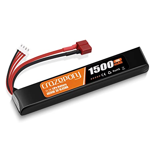 Crazepony Airsoft Battery 11.1V Rechargeable 3S LiPo 1500mAh 25C Hobby Battery with T-Plug & JST XH Connector for Airsoft Model Rifle