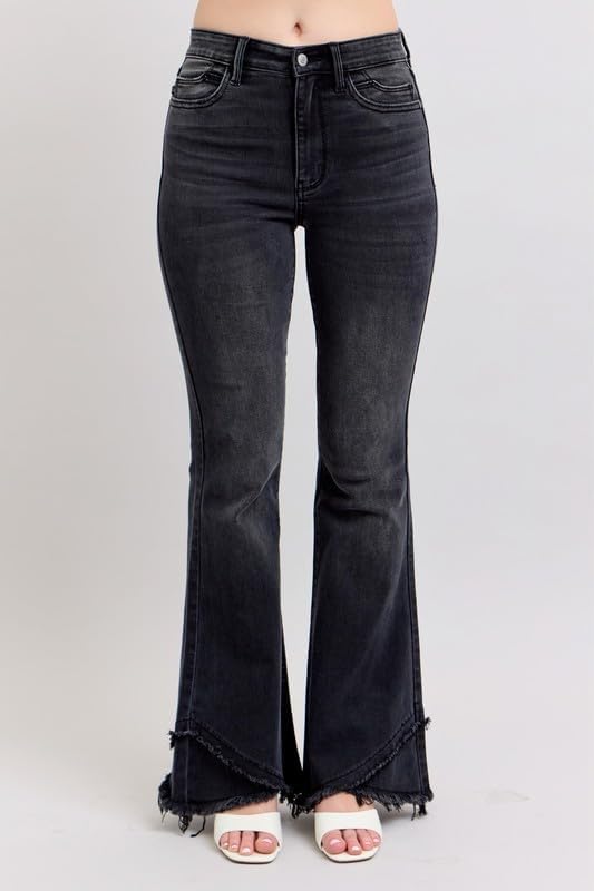Judy Blue Women's High Waist Flare Jeans with Mock Fray Tulip Hem Stretch Denim.