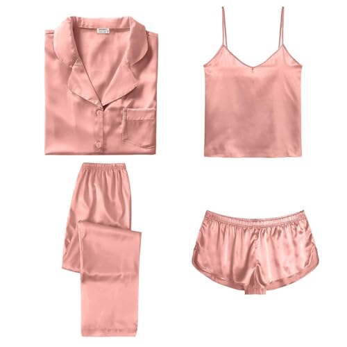 Image of SWOMOG Womens Silk Satin Pajamas Sets 4pcs Sleepwear Sexy Cami Shorts Set and Button Down Short Sleeve Pjs Loungewear Solid Color Gold Pink XX-Large