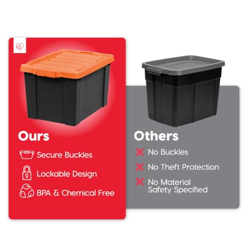 Image of IRIS USA 20 Gallon Lockable Storage Bins with Lids, 4 Pack - Made in USA, Heavy Duty, Stackable Containers, Garage Organizing Bins Moving Tubs, Rugged Sturdy Equipment Utility Box - Black /Orange