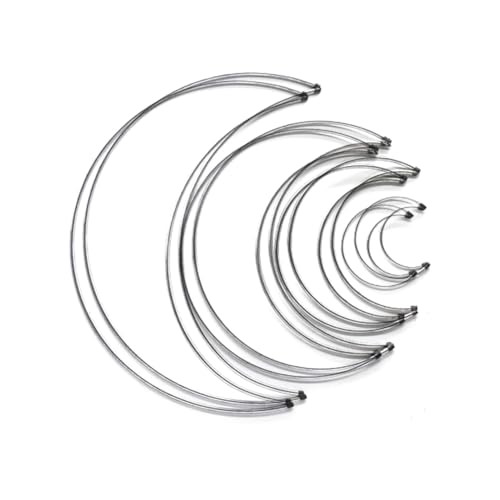 JOYWU 8 Pcs Metal Wreath Frame Rings,4 Sizes DIY Macrame Metal Floral Hoops Set,Heart Shaped Catcher Rings,Moon Macrame Frame,Triangle Wreath Macrame Frames,Star Silver Wreath Making Hoops (Moon)