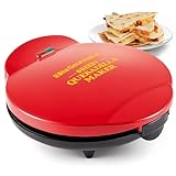 Elite Gourmet 11' Cheesy Quesadilla Maker, 2-Position Locking Latch For Extra Stuffing, Easy-Slice 6-Wedge, Red