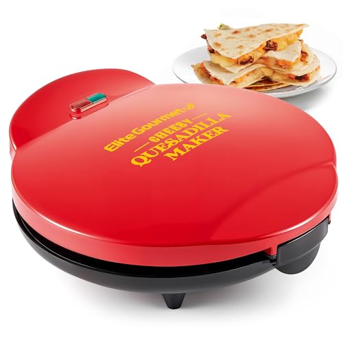 Image of Elite Gourmet 11" Cheesy Quesadilla Maker, 2-Position Locking Latch For Extra Stuffing, Easy-Slice 6-Wedge, Red
